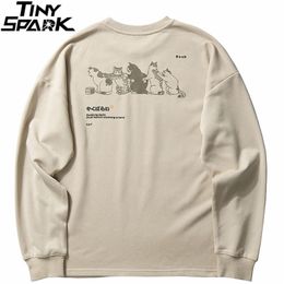 Men Streetwear Hip Hop Sweatshirt Pullover Japanese Kanji Harajuku Funny Cat Sweatshirt Hoodie Cotton Autumn Pullover Tops 201126