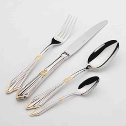 knife table setting Canada - Gold Plated Cutlery Set 24pcs Luxury Dinner Sets Stainless Steel knives forks Royal Dining Table Setting Western Dinnerware Set H220409