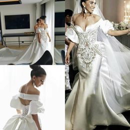 2022 Chic Satin Mermaid Wedding Dresses Off The Shoulder Short Sleeves Appliques Lace Long Train Wedding Gowns Sexy Chapel Church Bridal Dress