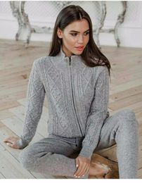 Women's Two Piece Pants Fashion Brand Winter Woolen And Cashmere Knitted Warm Suit Twist Knit Sweater Mink Trousers Leisure Two-piece Wj1560