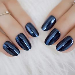 False Nails Shiny Surface Dark Blue Adult Artificial Fake Oval Medium Pure Color Acrylic Design Tips Adhesive 24CT Prud22