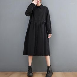 Casual Dresses 2022 Arrival Long Sleeve Japan Style Dark Black Autumn Dress Office Lady Work Blouse Women Spring Midi