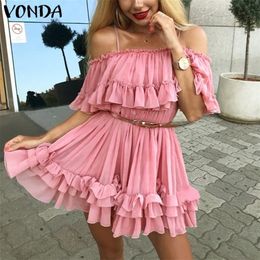 VONDA Ruffles Dress Holiday Off Shoulder Sundress Women Summer Party Dresses Beach Female Plus Size Casual Vestidos T200603