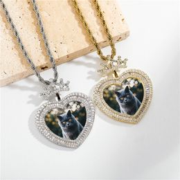 Custom Crown Heart Photo Frame Commemorative Pendant Gold Sier Plated Men Hip Hop Jewellery Gift