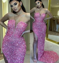 2022 Plus Size Arabic Aso Ebi Sparkly Sheath Sexy Prom Dresses Strapless Beaded Evening Formal Party Second Reception Birthday Engagement Gowns Dress ZJ778