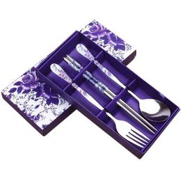 3PCs/Set Chinese Style Dinnerware Flower Pattern Stainless Steel Fork Spoon Chopstick Travel Portable tableware Cutlery Gift Box Y220530