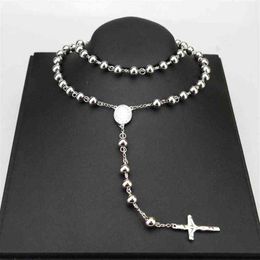 8mm AMUMIU Classic Silver Rosary Beads chain Cross Religious Catholic Stainless Steel Necklace Women's Men's Whole H221e