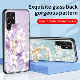 Anti-Scratch Slim Flower Tempered Glass Cases For Samsung Galaxy S22 Ultra S23 S21 S20 Note 20 Note10 Beautiful Floral Ring Kickstand Hard Back Phone Cover