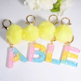 Colourful 26 English Alphabet Resin Letters Pendant Keychain With Plush Ball Charms Jewellery Bag Car Keyring For Women Girls