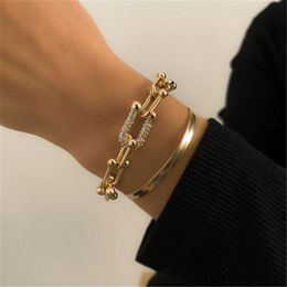Link Chain Crystal U-shaped Buckle Metal Bangle Bracelet Set Statement Gold Silver Color Link Fashion Pulseras Women Bijoux Gift