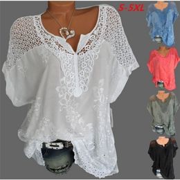 Large Size Loose Short-Sleeved Lace Women Blouses Cotton Summer Shirt Tops Sexy Fashion 220402