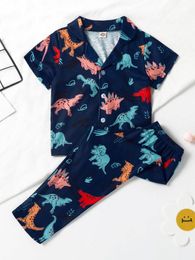 Toddler Boys Allover Dinosaur Print Button Shirt And Pants Lounge Set SHE