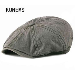 KUNEMS Korean version of the washed berets peak blinders cotton mens hat casual outdoor caps British octagonal cap gorras J220722