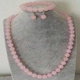 Fashion 10mm Natural Pink Jade Gems Beads Necklace Bracelet Earring Set 18/7.5"