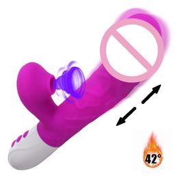 Rabbit Vibrator Heating Telescopic Rotating Dildo 3 In 1 Clitoris Sucking Vagina G-Spot Stimulator sexy Toys for Women