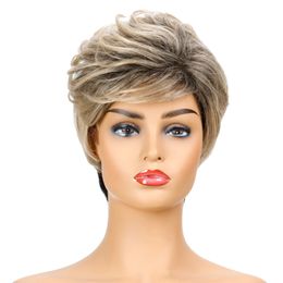 Women Ombre Light Gold Short Curly Hair with Bangs Natural Hair High Temperature Fibre Heat Resistant Wig