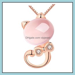 Pendant Necklaces Rose Gold Chains Cute Ross Quartz Pink Opal Necklace For Women Jewellery Girls Children Gift Cat Vipjewel Dr Vipjewel Dhu6D