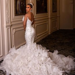 Luxus Plus Size Meerjungfrau 2022 Brautkleider Brautkleider Abgestufte Rüschen Schatz Perlen Kristall Robe de Mariee