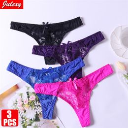 3Pcs/set Julexy Arrivals Sexy Lace Thong Woman Hollow out Solid Women Panties S M L XL Underwear 220425