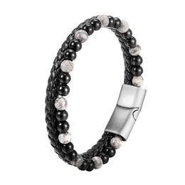 Cool Design Natural White Black Agate Beads Strands Genuine Leather Bracelets for Men Gift