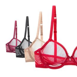 Red Transparent Bras For Women Plus Size Sexy Lingerie Push Up Lace Mesh Girls Bra Top See Through White Black 40 42 A B C D 220519