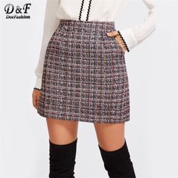 Dotfashion Zip Back Tweed Winter Skirt Women 2019 New Arrival Multi Plaid Cute Bottoms For Ladies A Line Short Skirt T190827