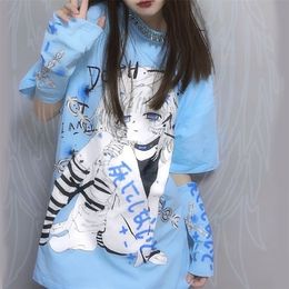 Y2k Anime Graphic T Shirts Goth Camisetas De Mujer with Split Sleeves Fashion T-shirt Women MINGLIUSILI Harajuku Top Femme 220321