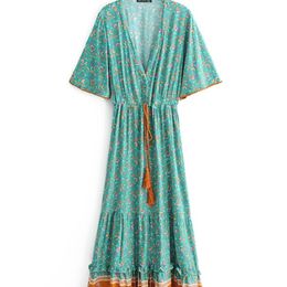 Vintage Chic Fashion Women Floral Print V neck Rayon Cotton Bohemian Maxi Dresses Ladies V Neck Tassel Summer Beach Boho Dress 220613