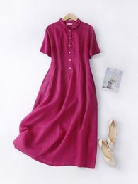 Casual Dresses Summer Women's Dress Cotton Linen White Lapel Short Sleeve Medium Long Skirt Women 2022Casual