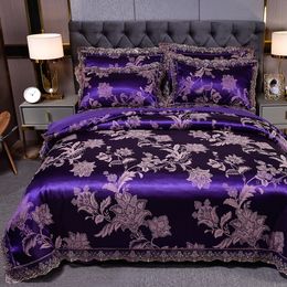 Wedding Duvet Cover Set Jacquard bedding set Lace Pillowcase (3PCS no Bedsheet )European luxury Purple flowers