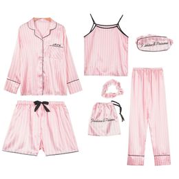 Pink Women's 7 Pieces Pyjamas Sets Faux Silk Striped Pyjama Women Sleepwear Spring Summer Autumn Homewear Lounge Home Clothes 220329