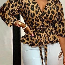 Celmia Women Elegant Blouse Summer Sexy V-Neck Leopard Print Tunic Shirt Belted Office Fashion Top Ruffles Blusas Femininas 220727