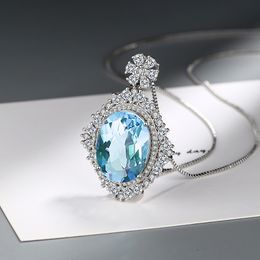 Lady romantic sky Blue Zircon flower border full diamond Pendant European and American Style women girls party wedding gift Fashion Jewellery