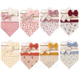 3Pcs/Set Muslin Cotton Baby Bibs Bow Headbands Adjustable Button Triangle Saliva Towel Print Infant Boy Girl Feeding Burp Cloth