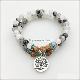 Beaded Strands Bracelets Jewellery Sn1175 Tree Of Life Bracelet Handmade Black Rutilated Quartz Rudraksha Set Spiritual Meditation Wholesale