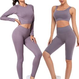 Women's Sportswear Yoga Set Workout Clothes Athletic Wear Sports Gym Legging Seamless Fitness Bra Crop Top Long Sleeve Yoga Suit 220513