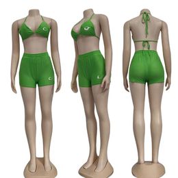 European and American women's Tracksuits 2022 sexy summer ice skating solid Colour bikini 3-piece set