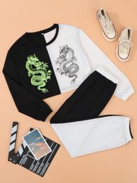 Mädchen-Pullover-Jogginghose mit chinesischem Drachen-Grafik und Farbblock-Design