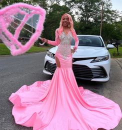 Light Pink Long Sleeve Mermiad Prom Dresses For Black Girls Sparkly Dress V Neck Plus Size Luxury Beaded Evening Dresses 2022 Birthday Party Gown