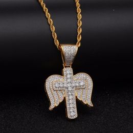 Pendant Necklaces Hip Hop Full CZ Zircon Paved Bling Iced Out Angel Wing Cross Pendants Necklace For Men Rapper Jewellery Gold Colour GiftPenda