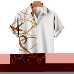 Men's Casual Shirts Summer Fashion Men's Gold Chain Print Short Sleeve Lapel Slim Hawaiian Shirt Beachwear TravelMen's