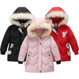 New Winter Thick Keep Warm Jacket For Girl Cartoon Rabbit Fur Collar Hood Heavy Kids Jacket Children Birthday Gift Outerwear J220718