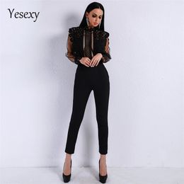 Yesexy 2020 Autumn Sexy Long Sleeve Women Overalls Lace See Through Mesh Hollow Out Solid Color Rompers Women Jumpsuit VR9079 T200701