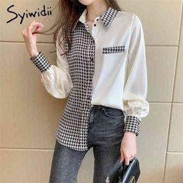 Syiwidii Houndstooth Satin Blouse Women Office Lady Spliced Tops Patchwork Korean Fashion Clothing Shirt Long Sleeve Beige 210326