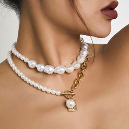 Vintage Irregular Pearl Lock Chains Necklace For Women Fashion Geometric Aangel Pendant Multilayer Necklaces Gift