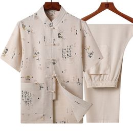 Classic Men Embroidery Wushu Clothing Vintage Short Sleeve Taichi Uniform Summer Cotton Male Tang Suit Causal Dragon Shirt 3XL 220621