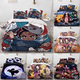 Demon Slayer Bedding Set Cartoon Anime Kamado Tanjirou Nezuko Rengoku Giyuu Duvet Cover Pillowcases Kids Comforter Bedroom Decor