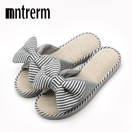 Mntrerm Spring And Autumn Bow House Womens Indoor Shoes Fashion Flax Slippers Refers To At Home Y200424