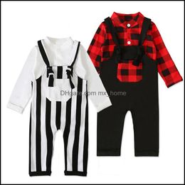 Clothing Sets Kids Girls Boys Outfits Infant Plaid Shirt Romperandstripe Strap 2Pcs/Sets Spring Autumn Bout Mxhome Dh0Nx