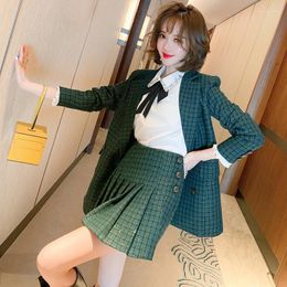 Women's Tracksuits Winter Suits Women's Bright Silk Plaid Loose Woollen Suit Jacket Pleated Stitching Skirt Two Pieces Sets Female OL